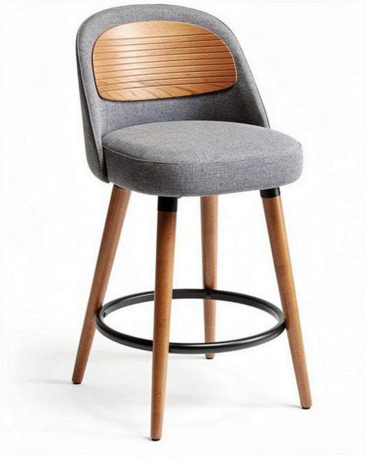 Houten barkruk met grijze stoffen zitting en leuning 40 x 40 x 95cm