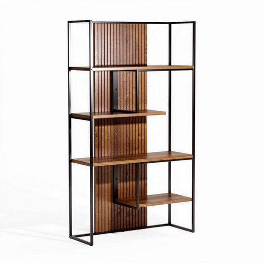 Open kast van zwart metalen frame en hout met planken 120 x 70 x 40cm