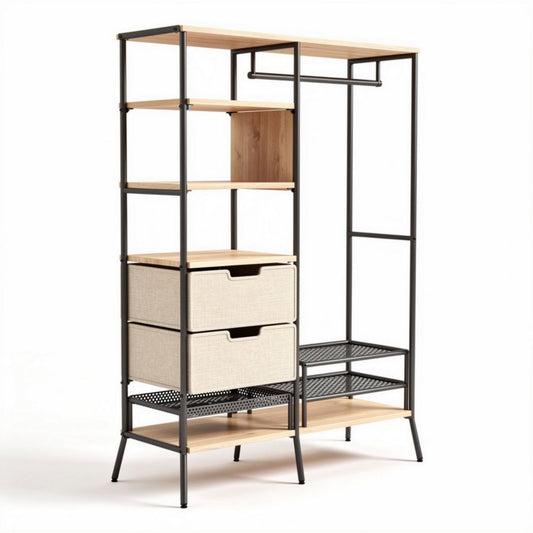 Kledingrek met houten planken en stoffen lades zwart 150 x 70 x 180cm