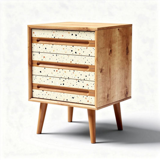 Houten nachtkastje met 5 lades in beige en naturel hout 40 x 40 x 80cm