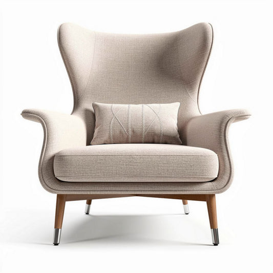 Beige stoffen fauteuil met houten poten en een rechthoekig kussen 80 x 90 x 100cm