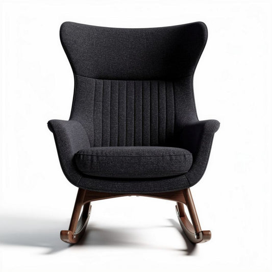 Schommelstoel van donkergrijs stof met houten onderstel 70 x 80 x 95cm