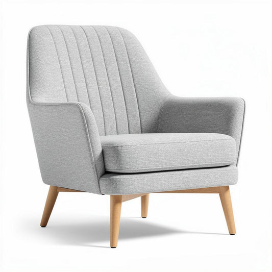 Grijze fauteuil met houten poten en een afmeting van 80 x 75 x 85cm